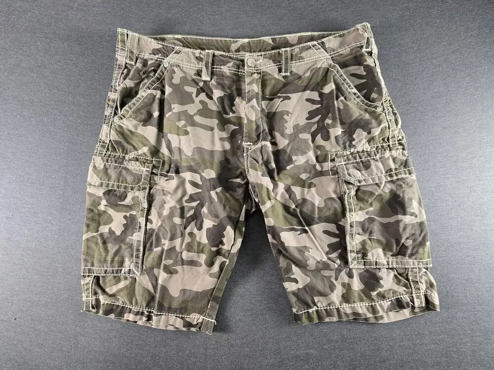 True Religion Shorts Mens 40 Green Camo Cargo Canvas Pockets Army Outdoor Summer